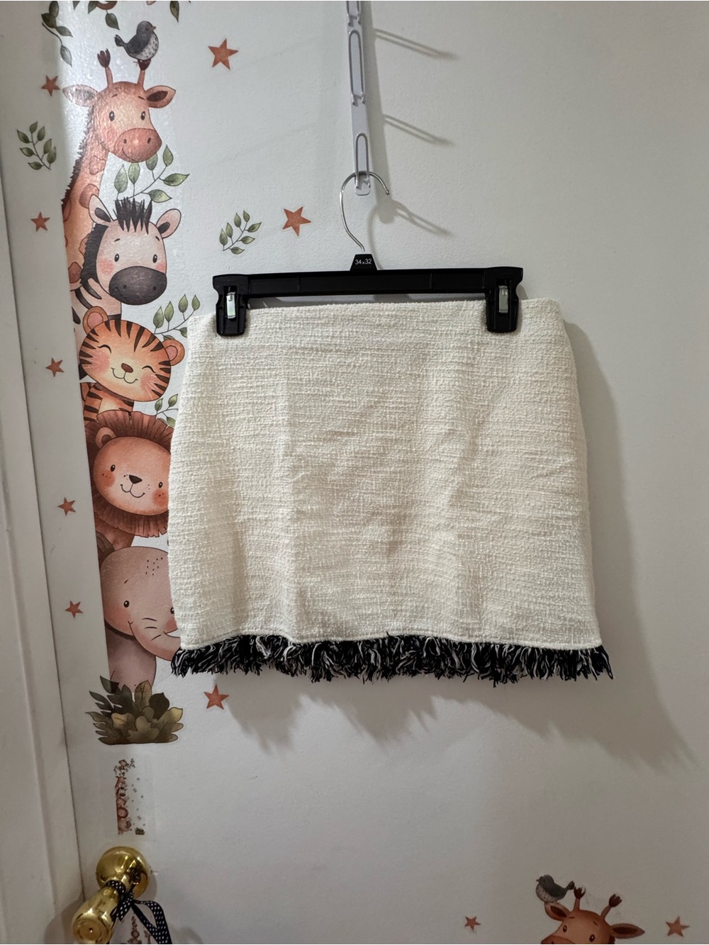 Zara Cream Mini Skirt with Black Fringe Trim